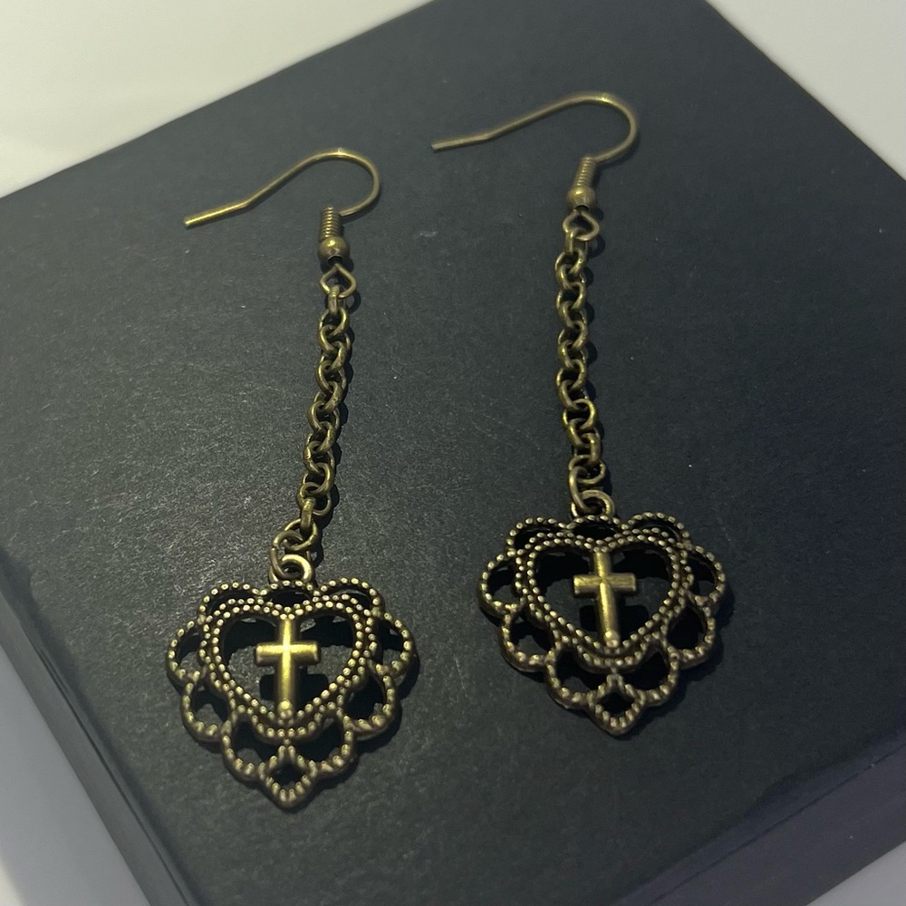 Antique Bronze Lace Heart Cross Drop Earrings